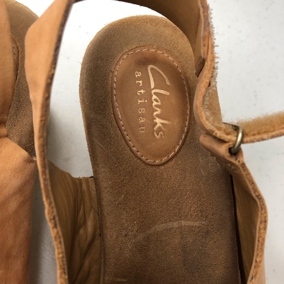 Clarks Artisan 9M Tan Cork Wedge Sandals Fabric 3.5 Inch Heel - Picture 5 of 7